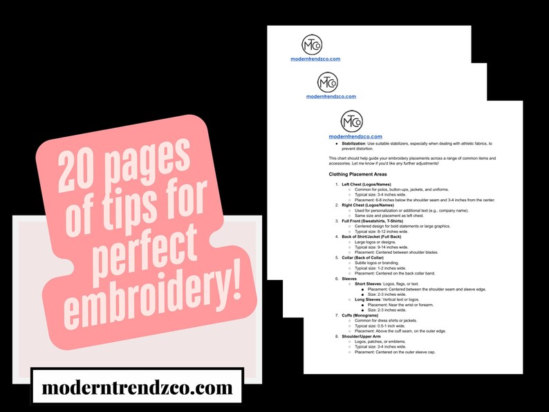 Embroidery Sizing Guide, Embroidery Placement Guide, Handbook for Embroidery Professionals, Instant Download, Embroidery Placement, embroidery, embroidery digitizing, embroidery placement on napkins, embroidery chart, size chart, color chart, digitizing, custom embroidery, wholesale embroidery, bulk embroidery, professional embroidery, machine embroidery, embroidery tips