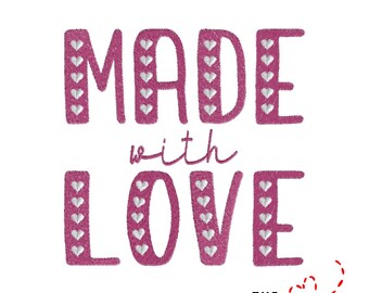 May include: A magenta embroidered design on a white background. The text reads "MADE with LOVE" in a playful font, with white heart accents. The bottom right corner features the text "THE EMBROIDERY DESIGN SPOT".