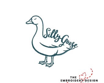 May include: A teal-colored line drawing of a goose with the words "Silly Goose" in cursive script. Below the goose is the text "THE EMBROIDERY DESIGN SPOT" with a heart design.