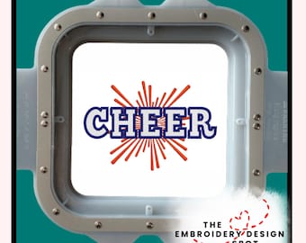 May include: A square embroidery hoop with the word "CHEER" in blue and white, surrounded by orange burst lines. The hoop is silver and gray, with a teal background and the text "THE EMBROIDERY DESIGN SPOT".