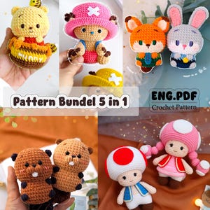 May include: A digital document titled Pattern Bundel 5 in 1 ENG.PDF Crochet Pattern featuring images of five different crocheted characters including a yellow bear in a honey pot, a pink-hatted figure, a fox, a rabbit, two beavers, and two mushroom-themed dolls.