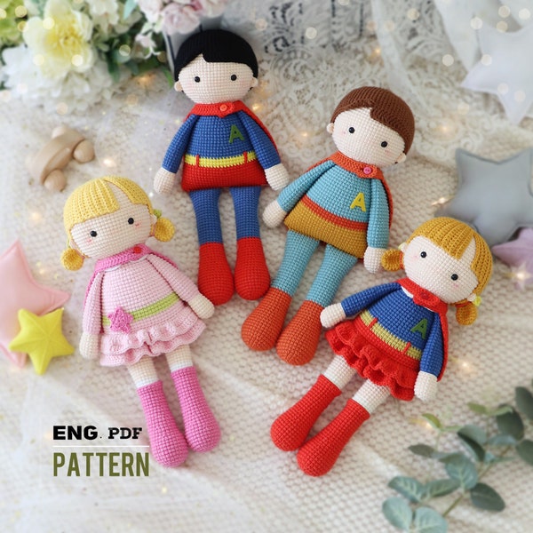 Niño y niña superhéroe A- Amigurumi/ Patrón Crochet-Inglés -PDF