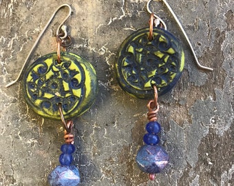 Funky elegance from vintage button pressings in these polymer clay earrings.