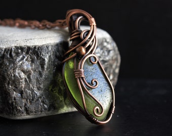 Green Sea Glass Pendant, A Copper Wire Wrapped Olive Green Sea Glass Necklace