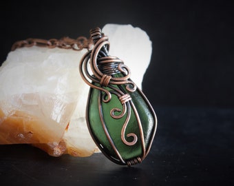 Green Sea Glass Pendant Necklace, A Copper Wire Wrapped Sea Glass Necklace