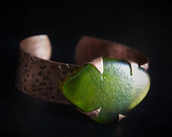 Green Sea Glass Cuff, Adjustable Bracelet With Oxidized Copper And Genuine Green Beach Glass