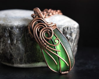 Green Sea Glass Pendant, A Copper Wire Wrapped Lime Green Sea Glass Pendant