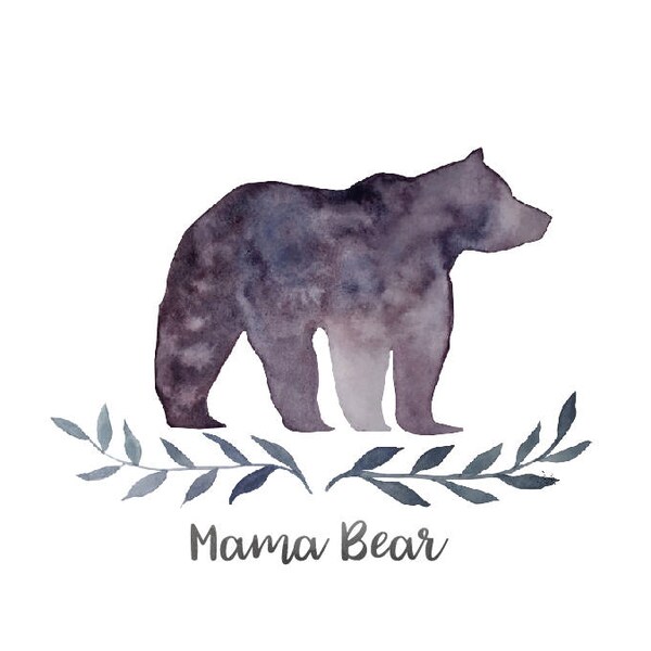 Watercolour silhouette of Bear with Leaves and the words 'Mama Bear' in Calligraphy