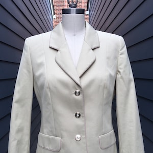 1990s Louis Feraud Khaki Blazer with pink piping // Vintage Louis Feraud Blazer // Blazer with metal buttons