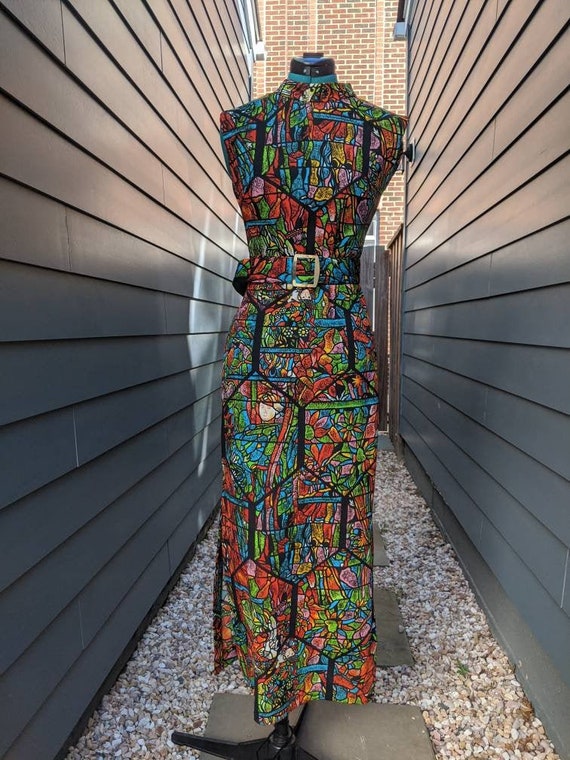 1960s-70s Stain Glass Printed Dress with Belt// Vi