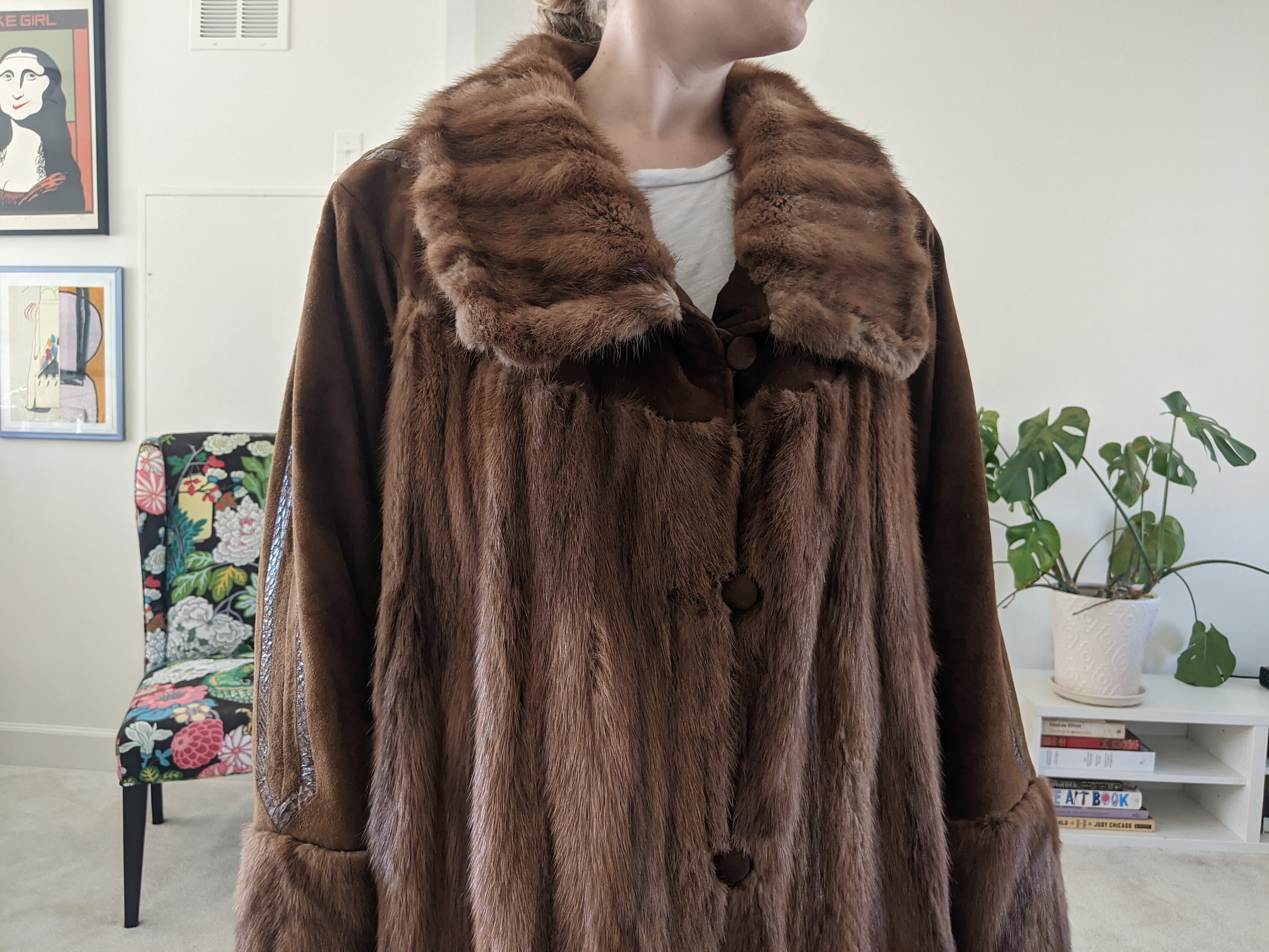 1980s German Mink Fur Coat // Genuine Fur Coat With Snake Skin Detail