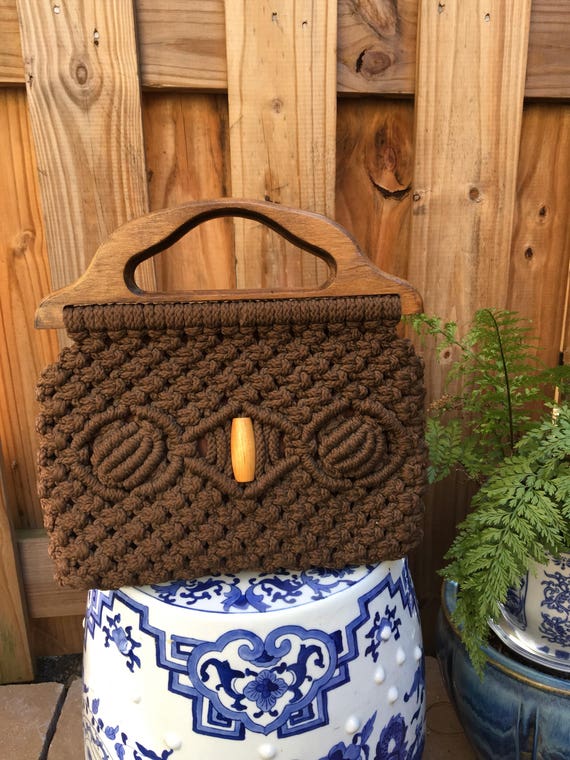 Vintage Macrame Purse with Wooden top handles // 1