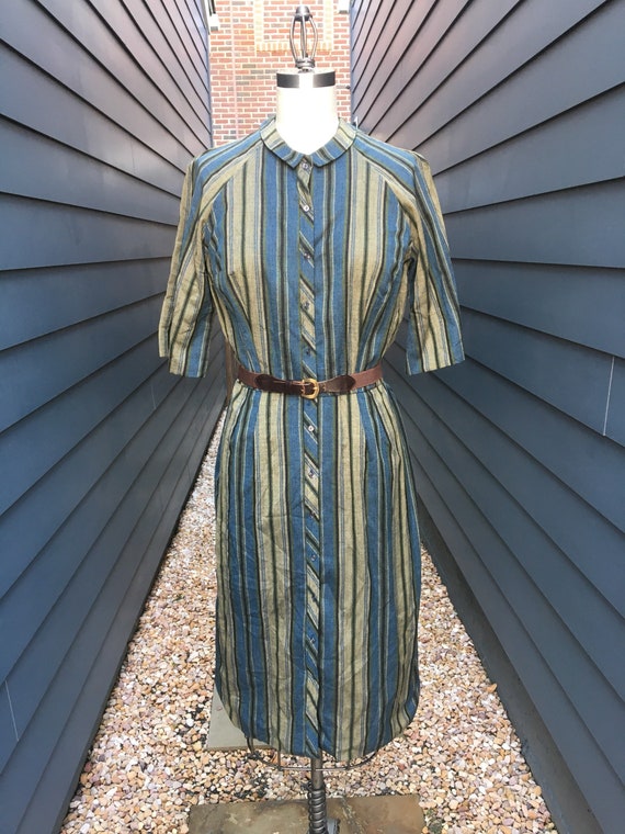 Vintage 1960s Striped Shirt Dress with belt // 19… - image 1