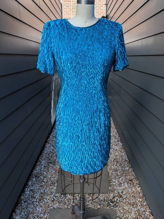 Vintage Sequin Cocktail Dress // Blue Sequin Dress