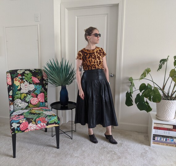 Vintage Black Leather Tiered Midi Skirt // Vintage