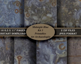 May include: A digital collage of 16 printable pages in a blue and brown colour scheme. The pages feature a variety of textures and patterns, including leaves, rust, and metal. The text "Midnight Blue Kit 3 Printables Art Archaeologist" is displayed in a brown banner across the top of the image. The text "16 8.5 X 11" PAGES INSTANT DOWNLOAD" is displayed in a brown banner across the bottom of the image. The text "2 ZIP FILES JPEG FORMAT" is displayed in a brown banner across the right side of the image.