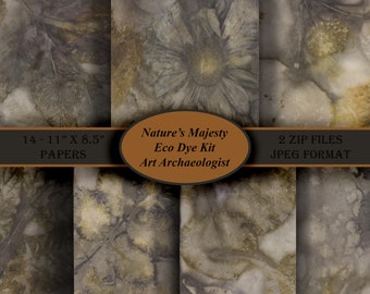 May include: Four digital paper designs featuring abstract patterns in shades of brown, gray, and beige. The papers are 11 inches by 8.5 inches and are available as two zip files in JPEG format. The text "Nature's Majesty Eco Dye Kit Art Archaeologist" is displayed on the image.