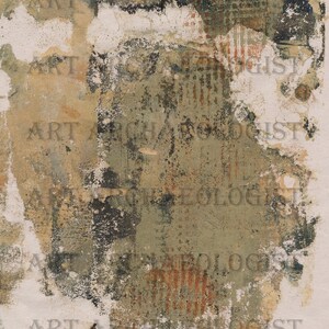 May include: Abstract art print with a textured, layered background in shades of brown, green, and white. The print has a distressed, vintage look with visible brushstrokes and paint splatters.