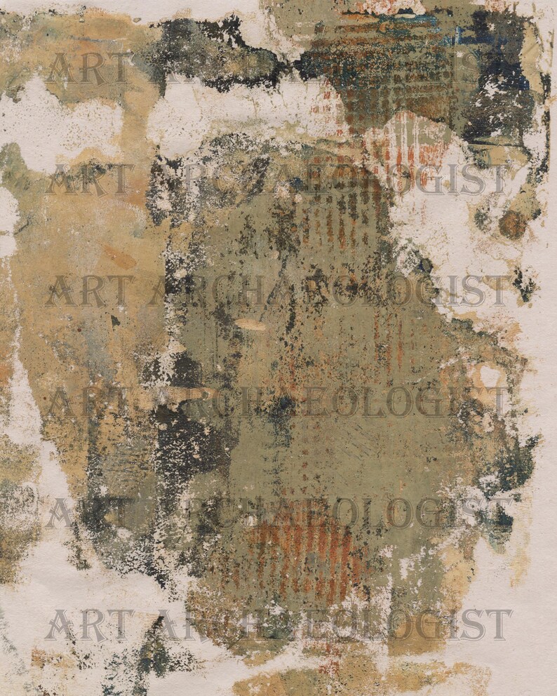 May include: Abstract art print with a textured, layered background in shades of brown, green, and white. The print has a distressed, vintage look with visible brushstrokes and paint splatters.