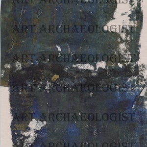 May include: Abstract art print with a dark blue, black, and white color scheme. The text "ART ARCHAEOLOGIST" is repeated multiple times on the print.