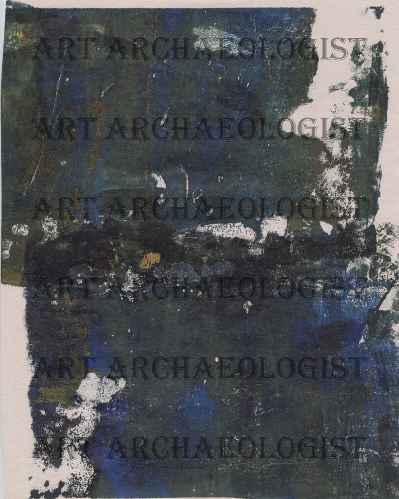 May include: Abstract art print with a dark blue, black, and white color scheme. The text "ART ARCHAEOLOGIST" is repeated multiple times on the print.
