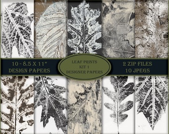 Leaf Prints Kit 1 Designer Paper. Kit includes 10 - 8.5 x 11" Papers. 2 zip files - 10 jpegs