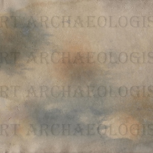 Op de afbeelding: Een getextureerde, verouderde papieren achtergrond met een aquarel waseffect. Het papier heeft een beige basis met zachte blauwe en oranje tinten, en de tekst "ART ARCHAEOLOGIST" wordt over de afbeelding herhaald.