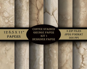 Coffee Stained Grunge Paper Kit 1 Designer Paper. Kit includes 12 - 8.5 x 11" Papers. 3 zip files - 12 jpegs 300 ppi.