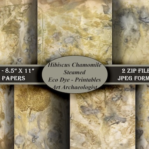 May include: 16 digital papers featuring a botanical design with a light brown, beige, and gray color scheme. The papers are 8.5 inches by 11 inches and are available in two zip files in JPEG format. The text "Hibiscus Chamomile Steamed Eco Dye - Printables Art Archaeologist" is included in the image.