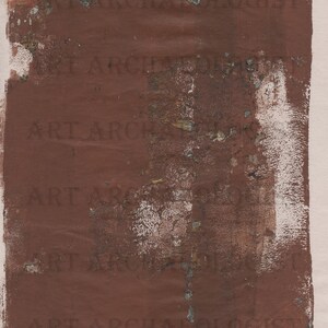 May include: A close-up of a brown textured surface with the words "Art Archaeologist" repeated multiple times. The surface has a distressed look with white paint splatters and some areas of peeling.