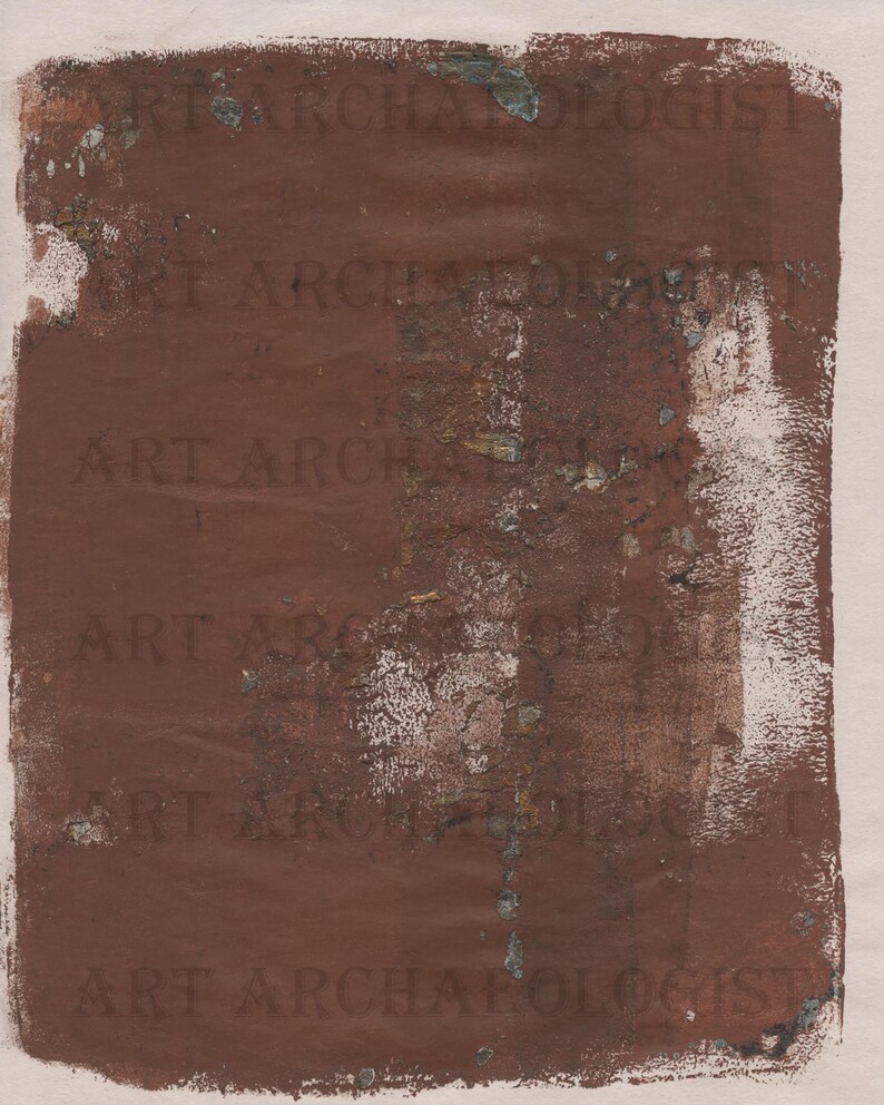 May include: A close-up of a brown textured surface with the words "Art Archaeologist" repeated multiple times. The surface has a distressed look with white paint splatters and some areas of peeling.