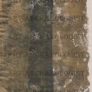 May include: A textured, abstract background with a vertical stripe of dark green paint. The background is a light brown color with a gold sheen. The text "ART ARCHAEOLOGIST" is repeated multiple times in a faded, dark brown color.