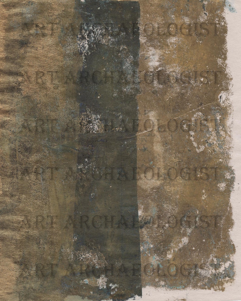 May include: A textured, abstract background with a vertical stripe of dark green paint. The background is a light brown color with a gold sheen. The text "ART ARCHAEOLOGIST" is repeated multiple times in a faded, dark brown color.