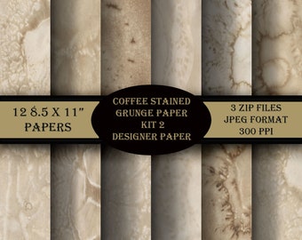 Coffee Stained Grunge Paper Kit 2. Designer Paper. Kit includes 12 - 8.5 x 11" Papers. 3 zip files - 12 jpegs 300 ppi.