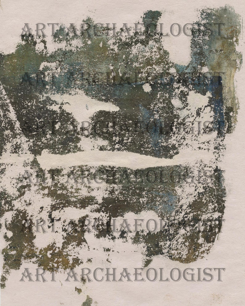 May include: A close-up of a textured, abstract art print with the words "Art Archaeologist" repeated multiple times in black ink.