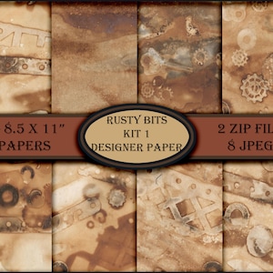 Puede incluir: Ocho papeles digitales de 8,5 x 11 pulgadas con un tema de metal oxidado y engranajes. Los papeles son de color marrón con un aspecto desgastado. El texto "Rusty Bits Kit 1 Designer Paper" y "2 Zip Files 8 Jpegs" está incluido en la imagen.