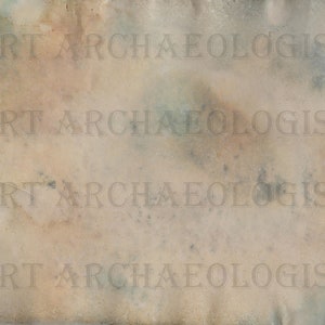 Op de afbeelding: Een vintage papieren achtergrond met een verweerde, verouderde uitstraling. Het papier heeft een gevlekte textuur met vervaagde bruine, blauwe en beige tinten. De woorden "ART ARCHAEOLOGIST" zijn vaag over het oppervlak gedrukt.