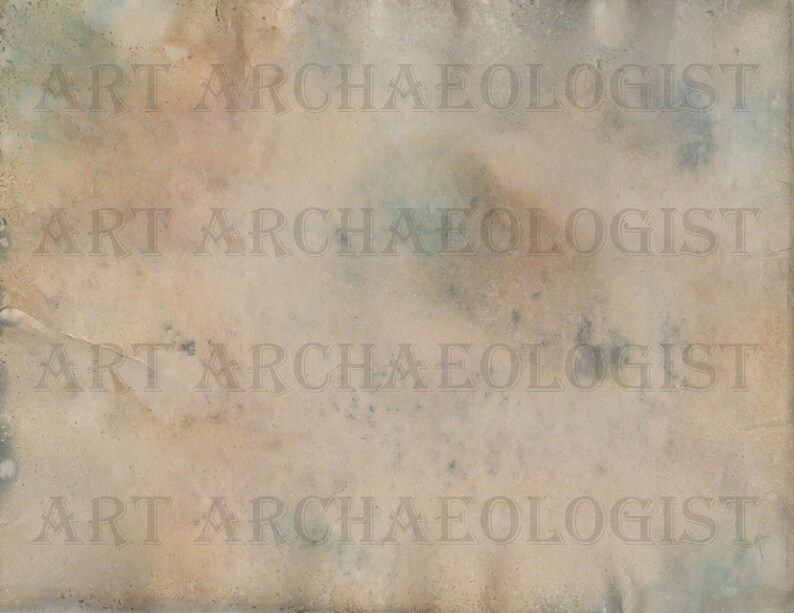 Op de afbeelding: Een vintage papieren achtergrond met een verweerde, verouderde uitstraling. Het papier heeft een gevlekte textuur met vervaagde bruine, blauwe en beige tinten. De woorden "ART ARCHAEOLOGIST" zijn vaag over het oppervlak gedrukt.