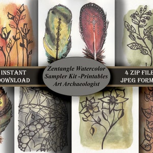 May include: A digital download of four watercolour illustrations in a sampler kit. The illustrations feature a feather, a flower, and a leafy branch. The illustrations are in a zentangle style and are perfect for printing and colouring.