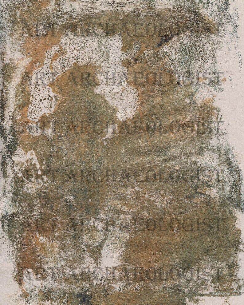 May include: Abstract art print with a textured, mottled background in shades of brown, green, and white. The words "ART ARCHAEOLOGIST" are repeated throughout the print.