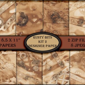 Puede incluir: Un conjunto de ocho papeles digitales de 8,5 x 11 pulgadas con un diseño de metal oxidado. Los papeles están disponibles en dos archivos zip que contienen ocho imágenes JPEG. El texto "Rusty Bits Kit 2 Designer Paper" se muestra en la imagen.