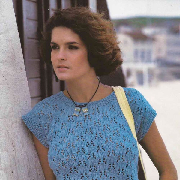 Vintage knitting pattern, instant digital download pdf, ladies short-sleeved, openwork sweater, jumper, top summer cotton