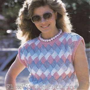 Vintage Knitting pattern, women's short sleeve top, sweater, jumper. Basketweave knit. Instant download. Summer cotton, pastel colours.