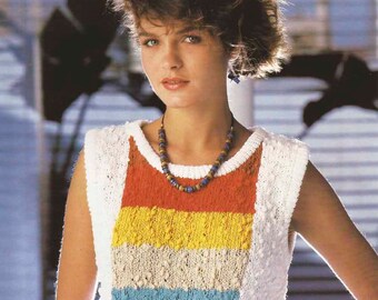 Vintage Knitting Pattern, instant digital download, ladies sleeveless top with striped panel, summer sweater, jumper, white cotton, bright