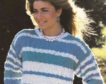 Vintage knitting pattern, instant digital download pdf, ladies long-sleeved, striped sweater, jumper, summer cotton