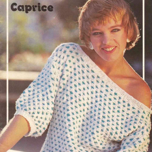 Vintage knitting pattern, instant digital download pdf, ladies short-sleeved open-neck sweater, jumper, off the shoulder, in blue and white