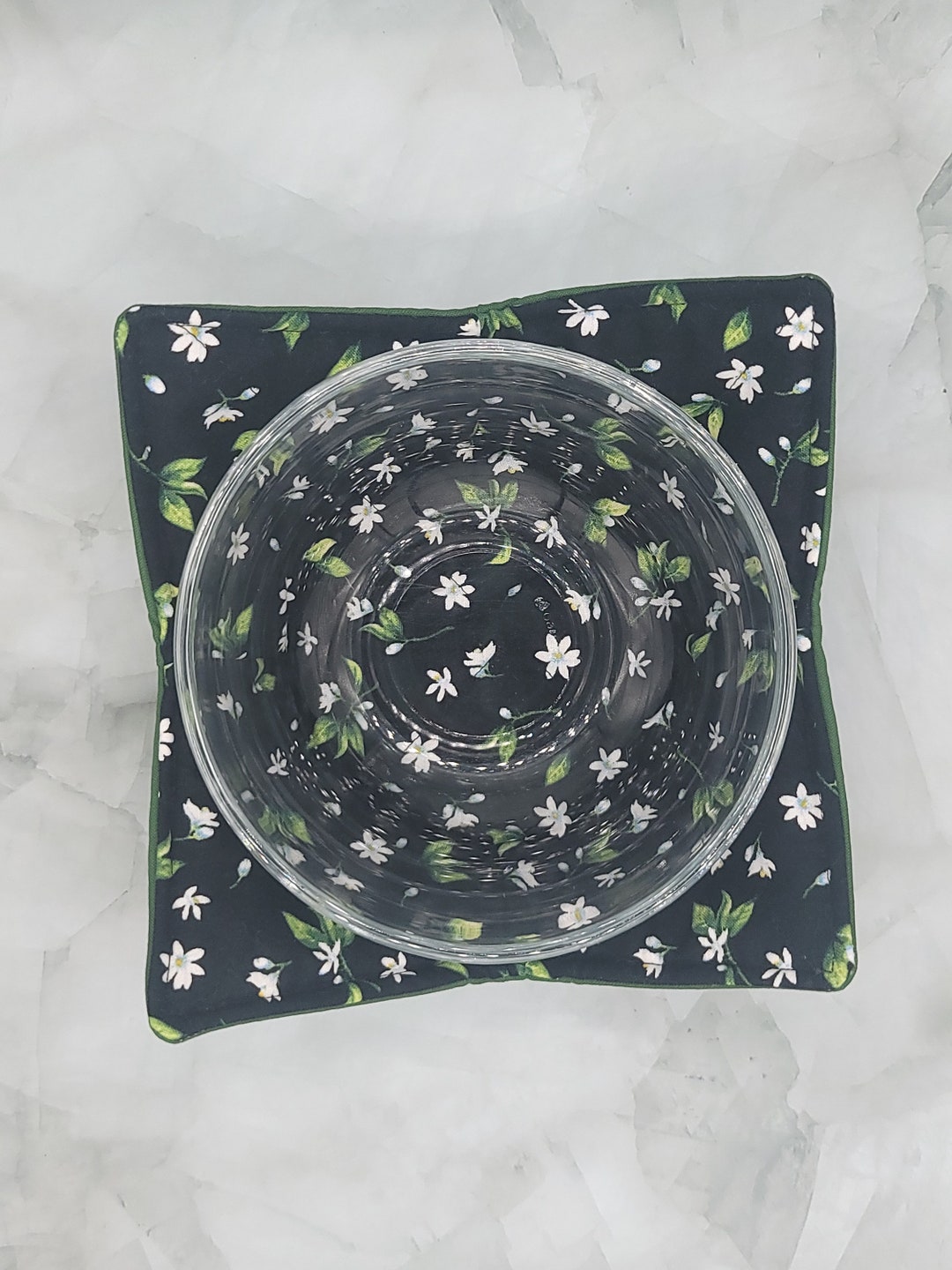 White Flower Bowl Cozy/ Microwave Safe Bowl Cozy/ White Flower Image