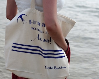 Cabas en toile FRANÇAIS, sac de PLAGE, sac en coton BIOLOGIQUE, sac d'été, sac nautique, Charles Baudelaire, sac vintage, sac de mer, sac français, marine