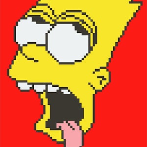 Könnte beinhalten: Eine pixelartige Illustration einer gelben Comicfigur mit spitzem gelben Haar, großen Augen und offenem Mund, als würde sie schreien. Die Zunge der Figur hängt heraus. Der Hintergrund ist rot.