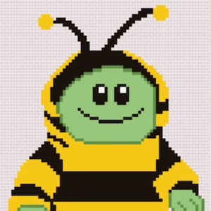 May include: A green and yellow cartoon bee wearing a bee costume with black stripes. The bee has a smiling face with big eyes.